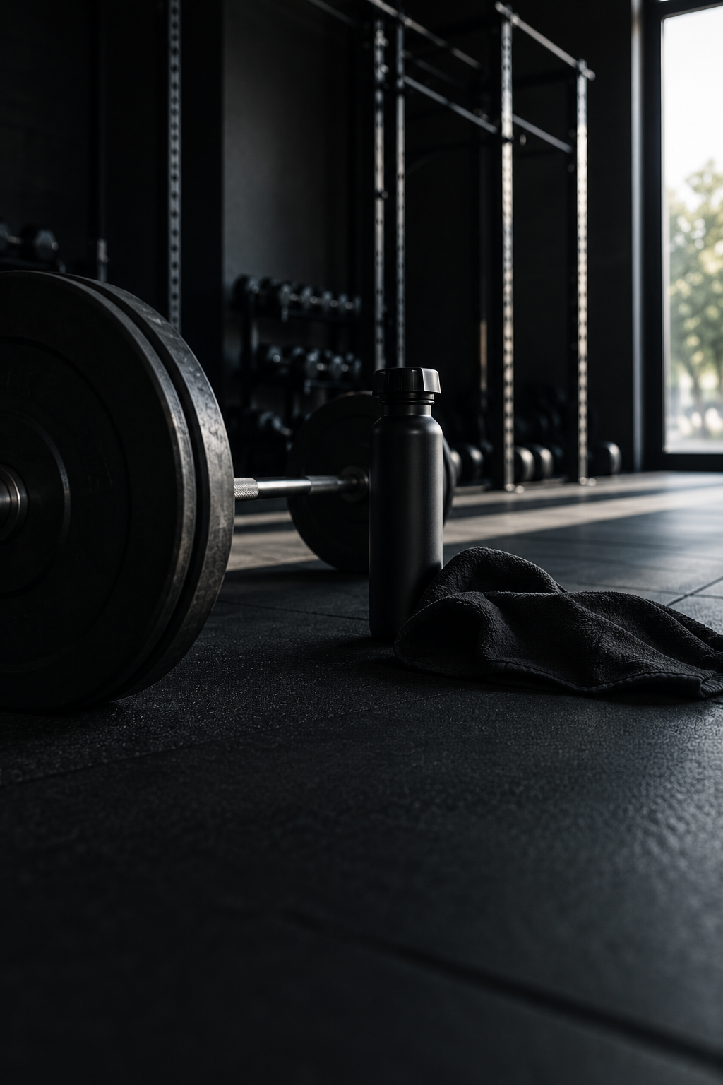 Botella y toalla en el gimnasio